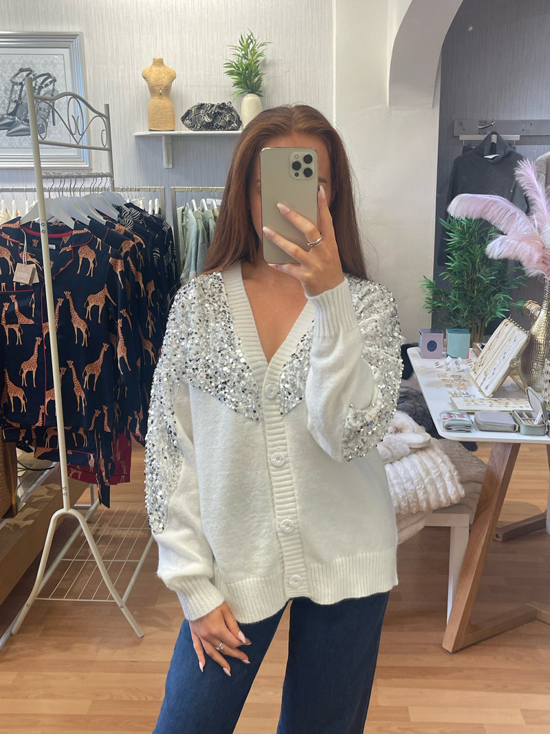 Sequin knit Cardigan - White/Silver