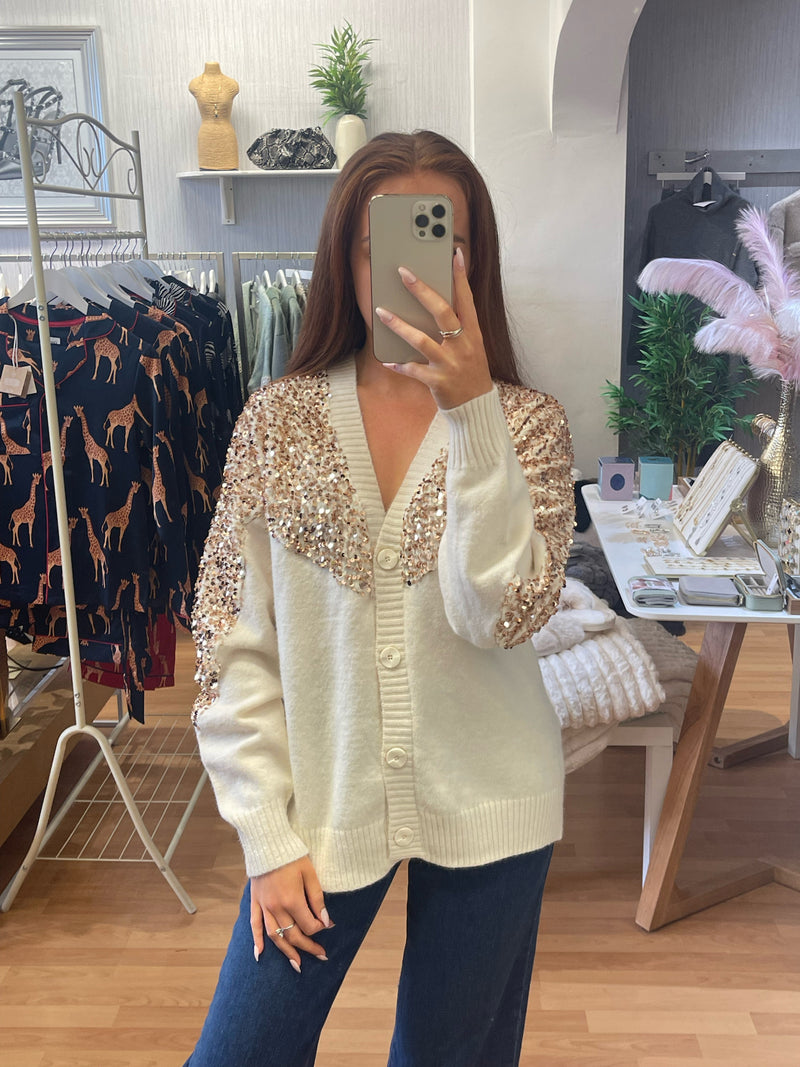 Sequin knit Cardigan - Cream/Gold